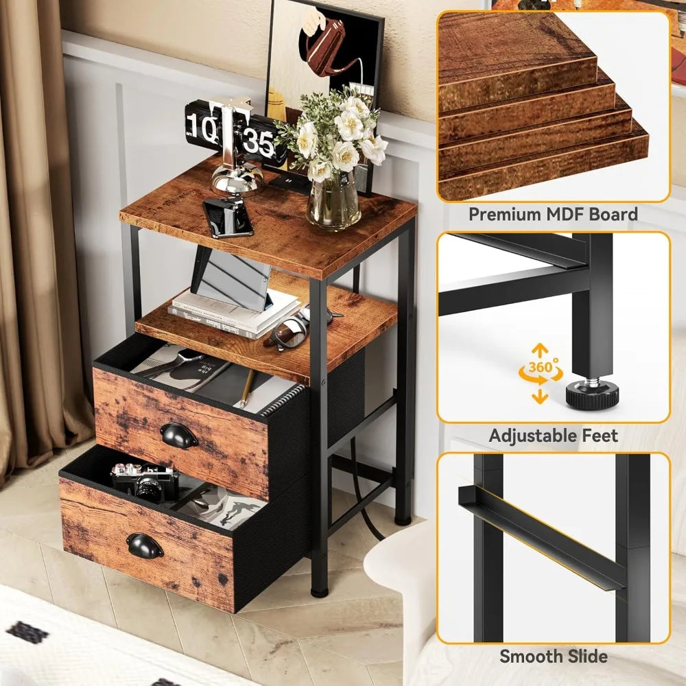 XIUWO Nightstand With USB Ports And Charging Station LED Lights