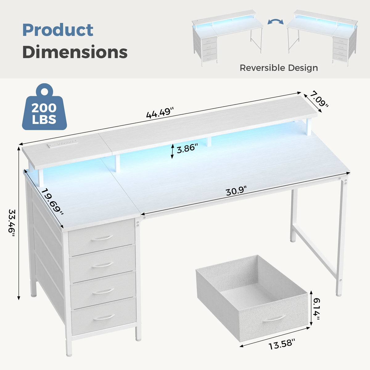 JHK Gaming Desk With Drawers Power Outlets And LED Lighting