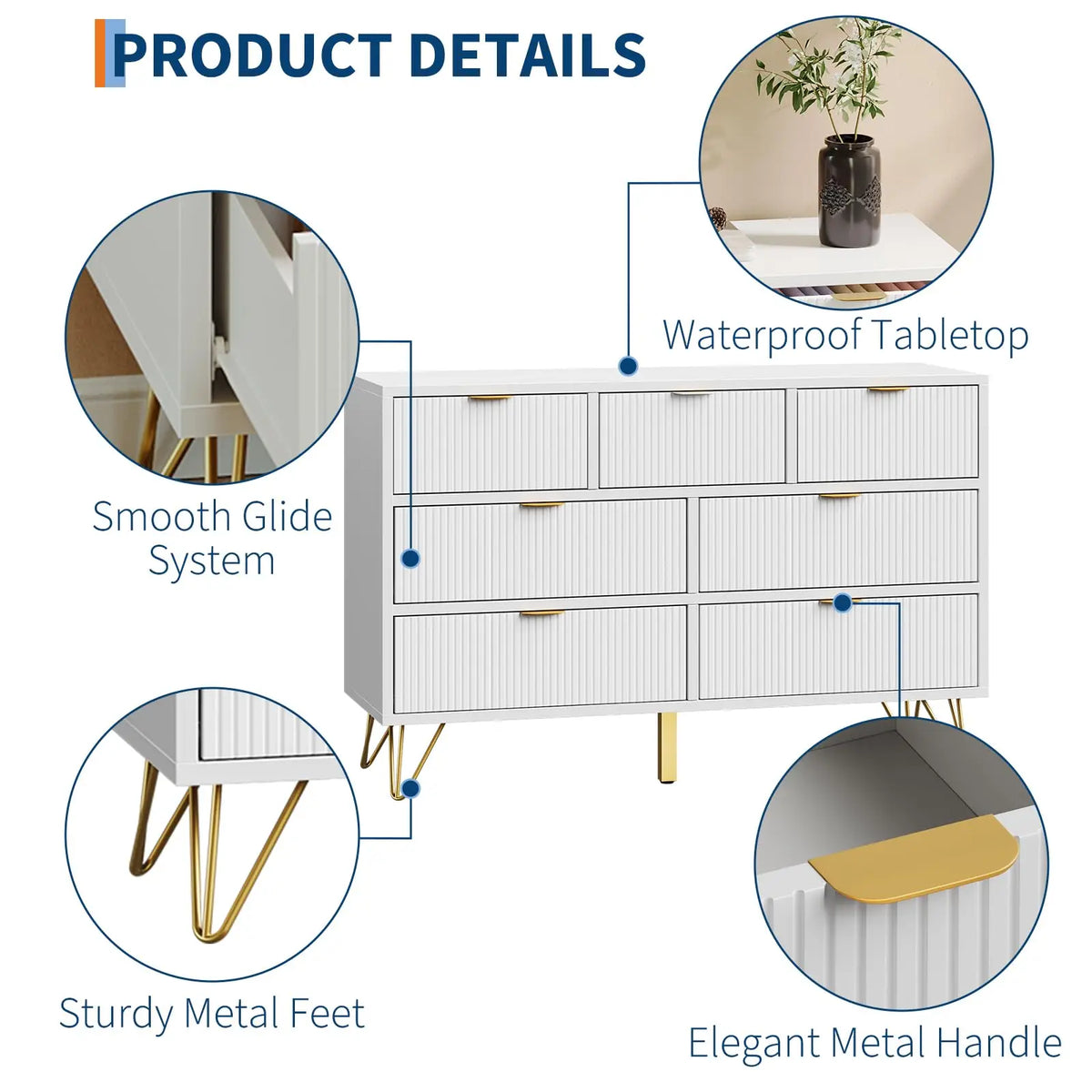 47.2 Inch 7 Drawer Dresser For Bedroom, Modern White Chest Of Drawers With Gold Metal Legs, Narrow Storage Cabinet For Entryway