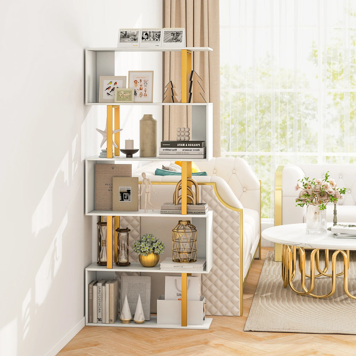 6-Tier Geometric Bookcase 74. 5-Inch S-Shaped Bookshelf with Metal Frame Gold