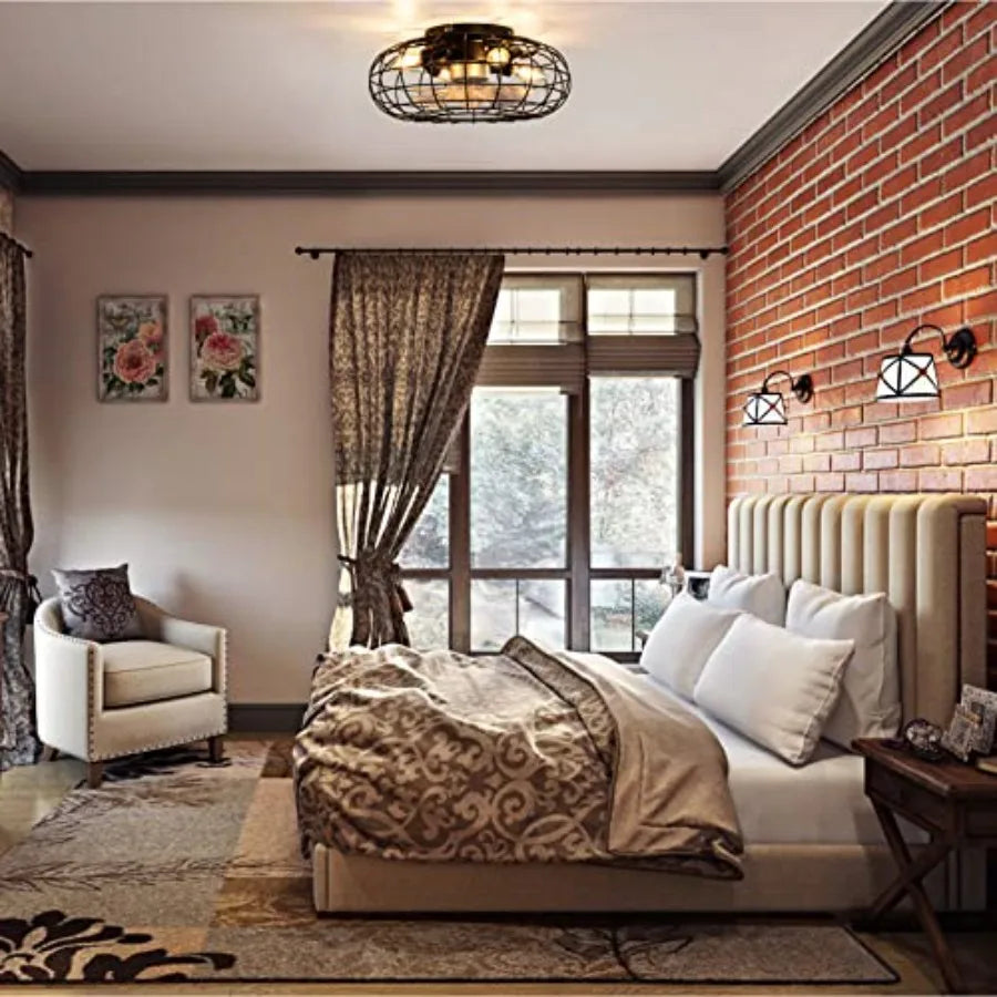 Ceilg Fan with Lights, Caged Ceiling Fan Lights Remote Control Small Industrial Ceiling Fan Light Fixture Flush Mount Farmhouse