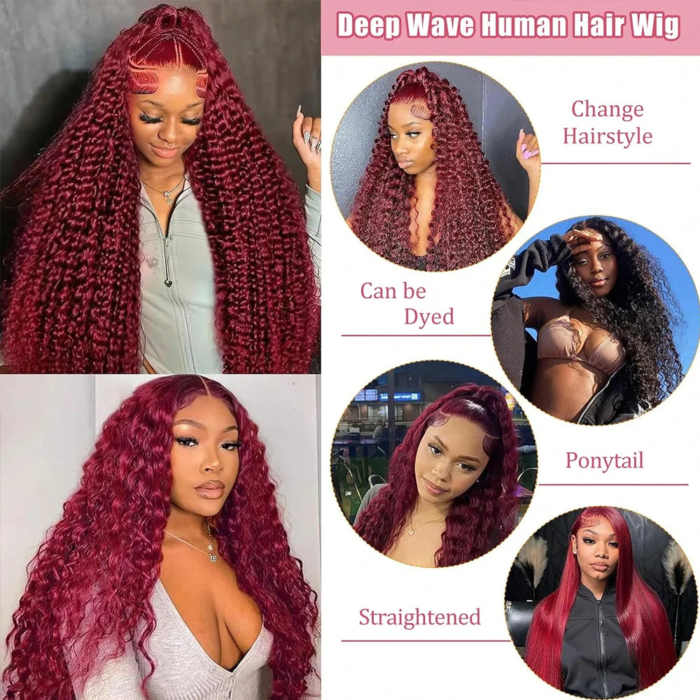 250% 13x4 HD Transparent 99J Burgundy Loose Wave Lace Front Wigs Deep Wave Frontal Wig Colored 99j Burgundy Deep Curly Lace Front Human Hair Wigs Preplucked For Women