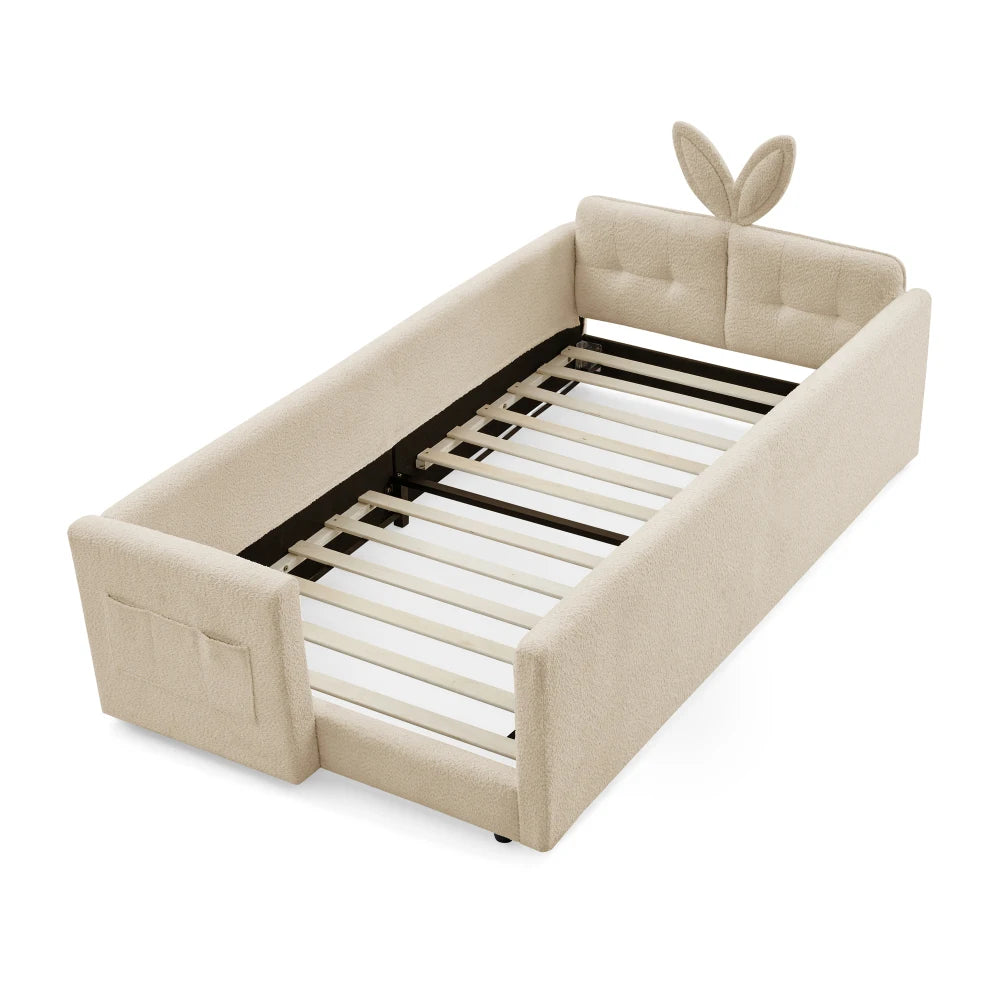 Rabbit Ear Upholstered Platform Bed With Safety Rail And Pocket