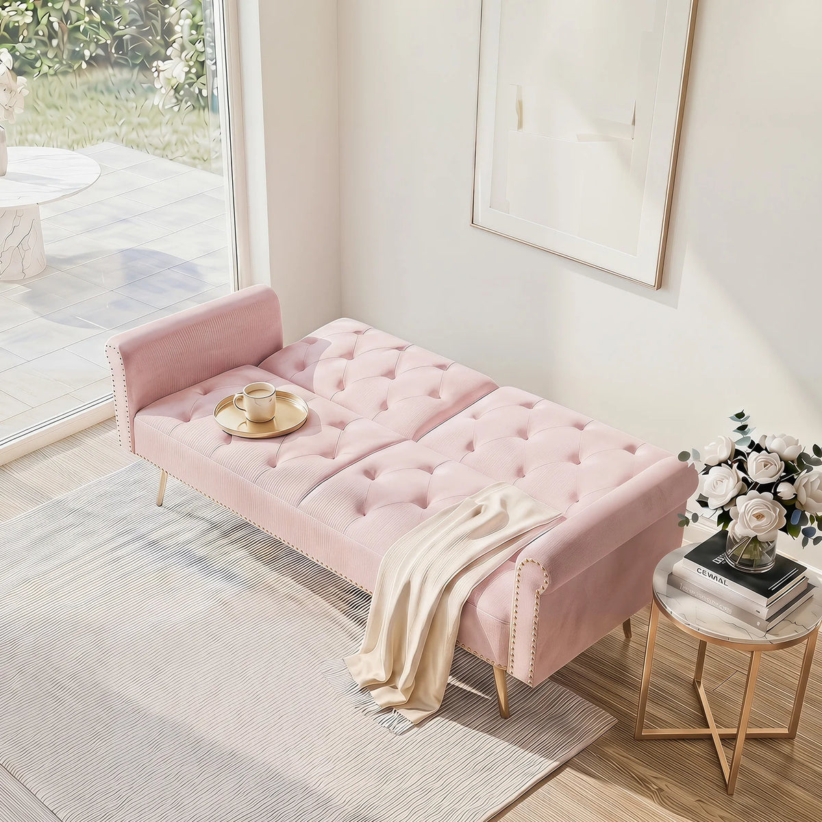 Modern Velvet Convertible Sofa Bed With Comfortable Matching Cushions