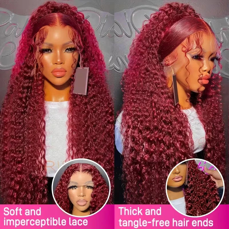 250% Density 32 Inch Pre Plucked Curly Burgundy Lace Front Wig 13x4 Deep Wave HD Transparent Lace Wig Colored Hair Wig For Women