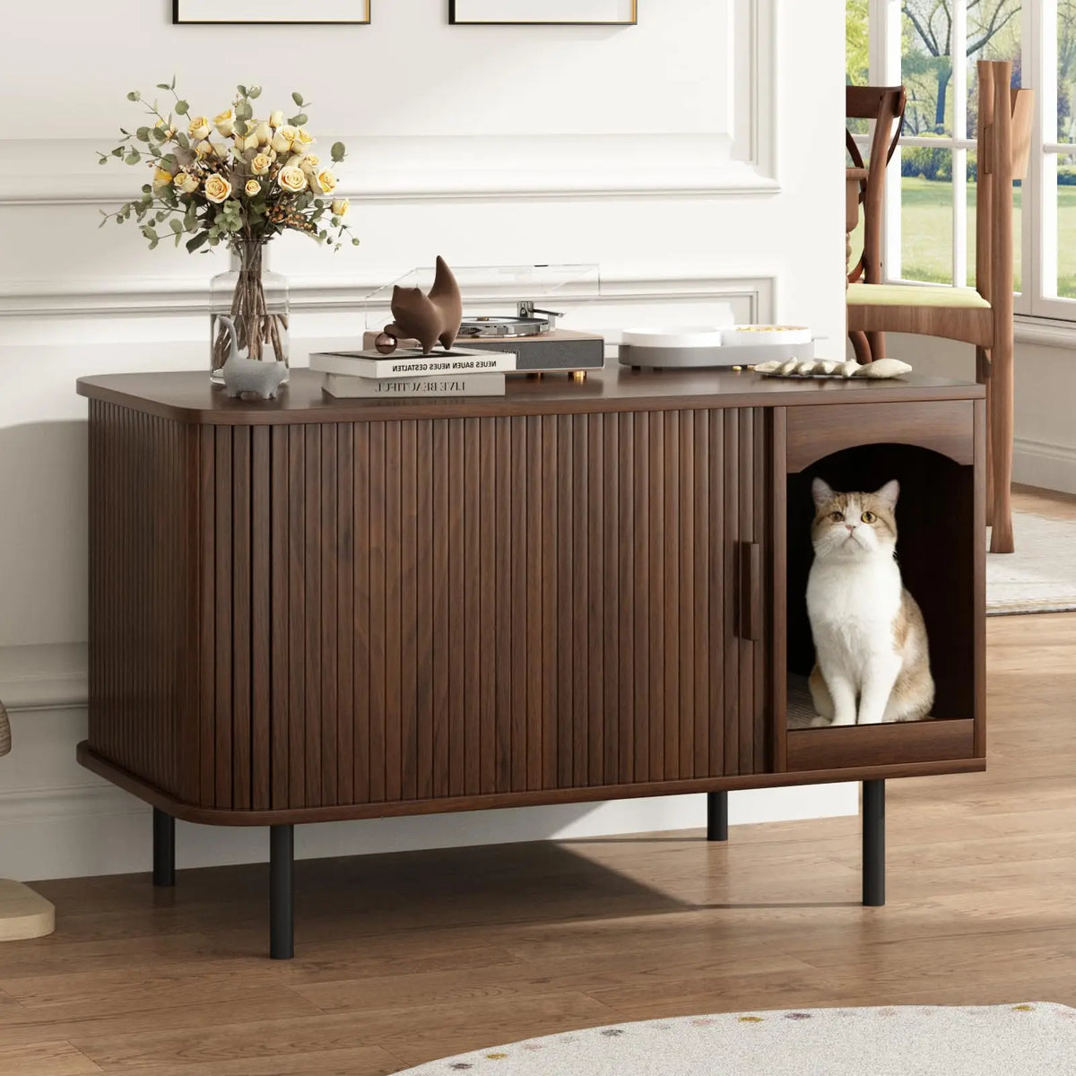 Double Cat Litter Box Enclosure Furniture, 59" Fluted Cabinet, Walnut | Large Hidden LitterBox Furniture, with Scratching Pad