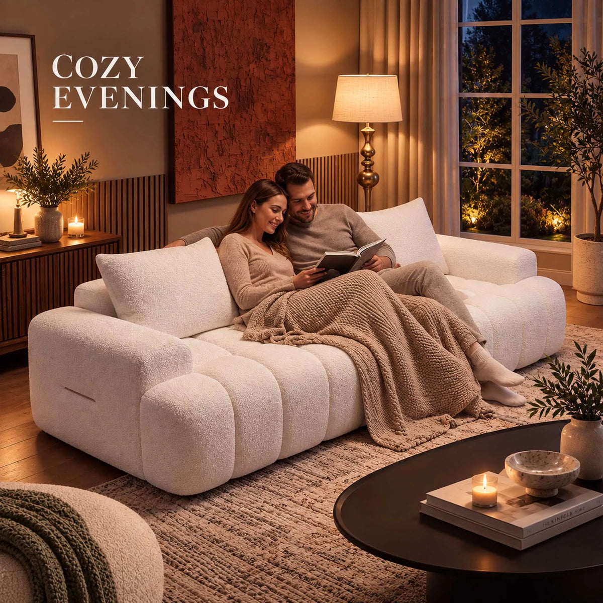 Curved Boucle Sofa Three Seat Cloud Couch With Resilient Foam