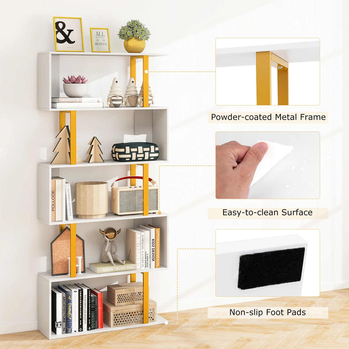 6-Tier Geometric Bookcase 74. 5-Inch S-Shaped Bookshelf with Metal Frame Gold