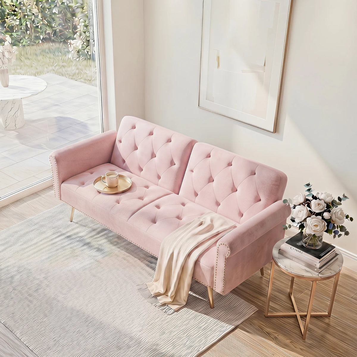 Modern Velvet Convertible Sofa Bed With Comfortable Matching Cushions