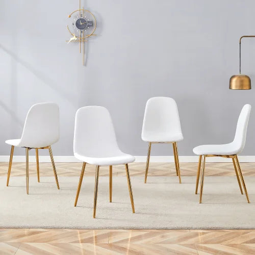 Set of 4 White Linen Fabric Dining Chairs: Integral Metal Leg Architecture, Fits Various Interior Decoration Styles