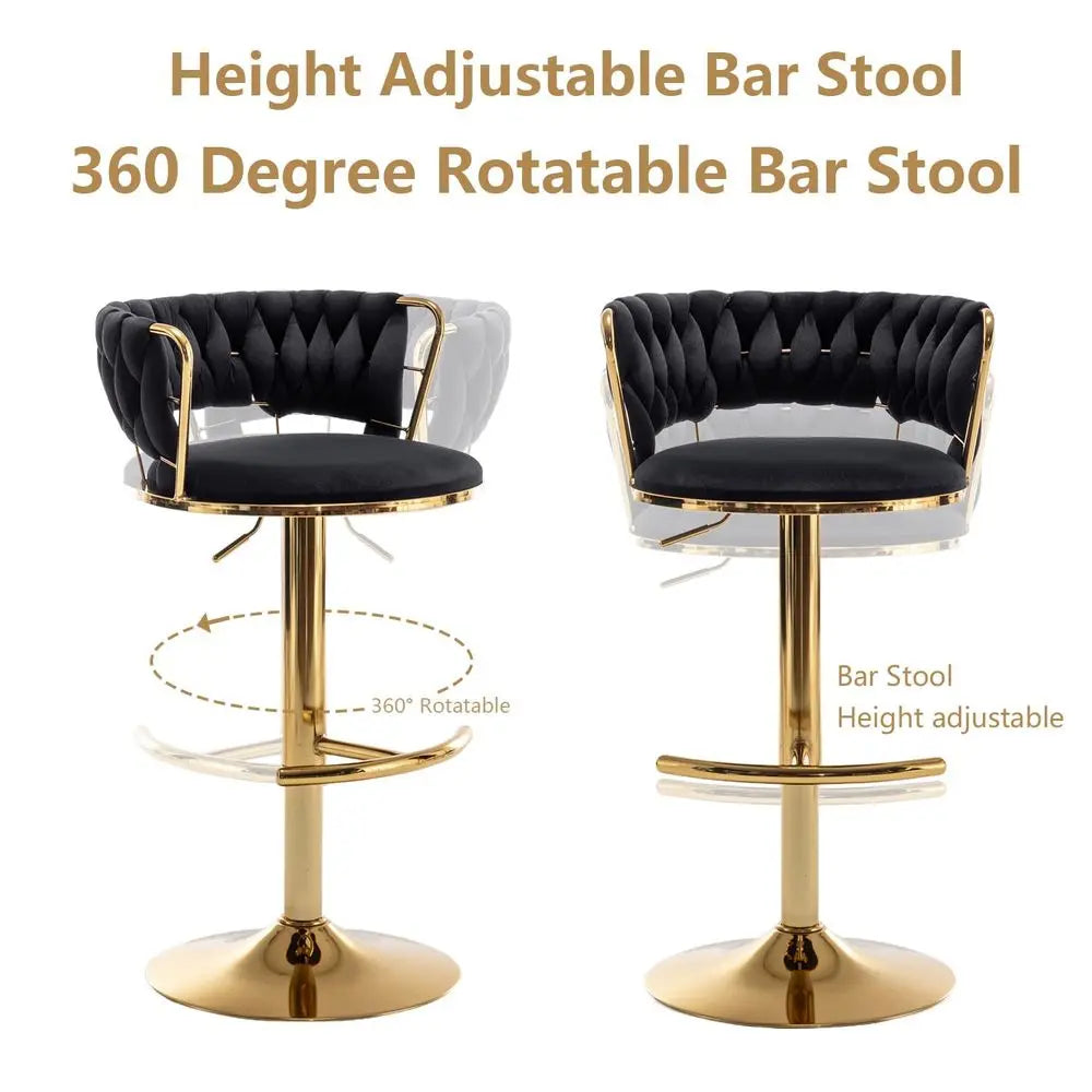 Velvet Bar Stools Set of 3, Counter Height Barstools with Low Back, Gold Swivel Bar Stool for Kitchen Island, Pub Black