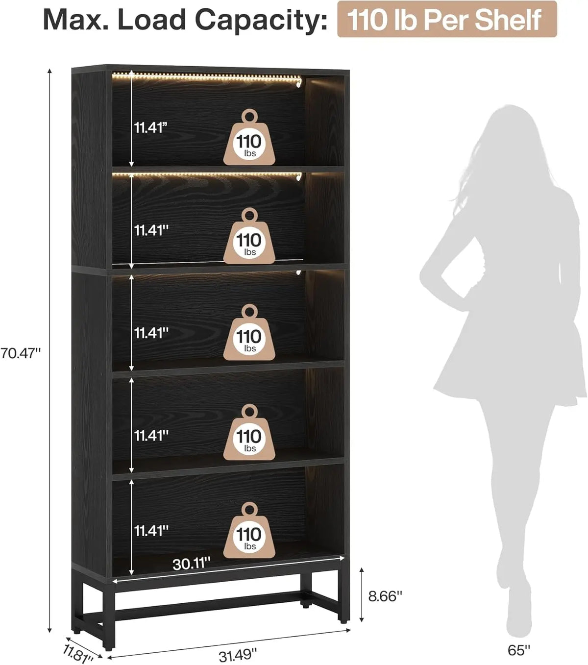 Tribesigns Five Tier Free Standing Library Bookcase With LED Lights