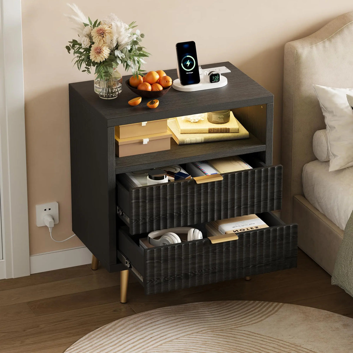 23.6 Inch Nightstand With Charging Station, RGB LED Light, 2 Drawers, Open Shelf, 3 AC Outlets And 2 USB Ports For Bedroom Dorm