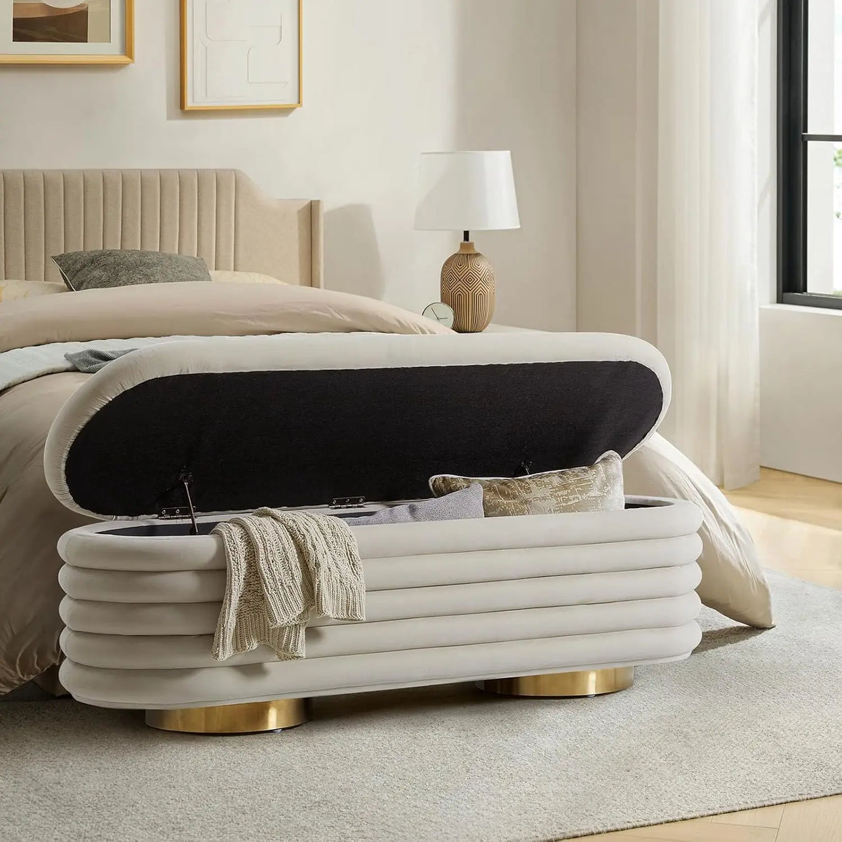 Velvet Storage Bench With Button Tufting