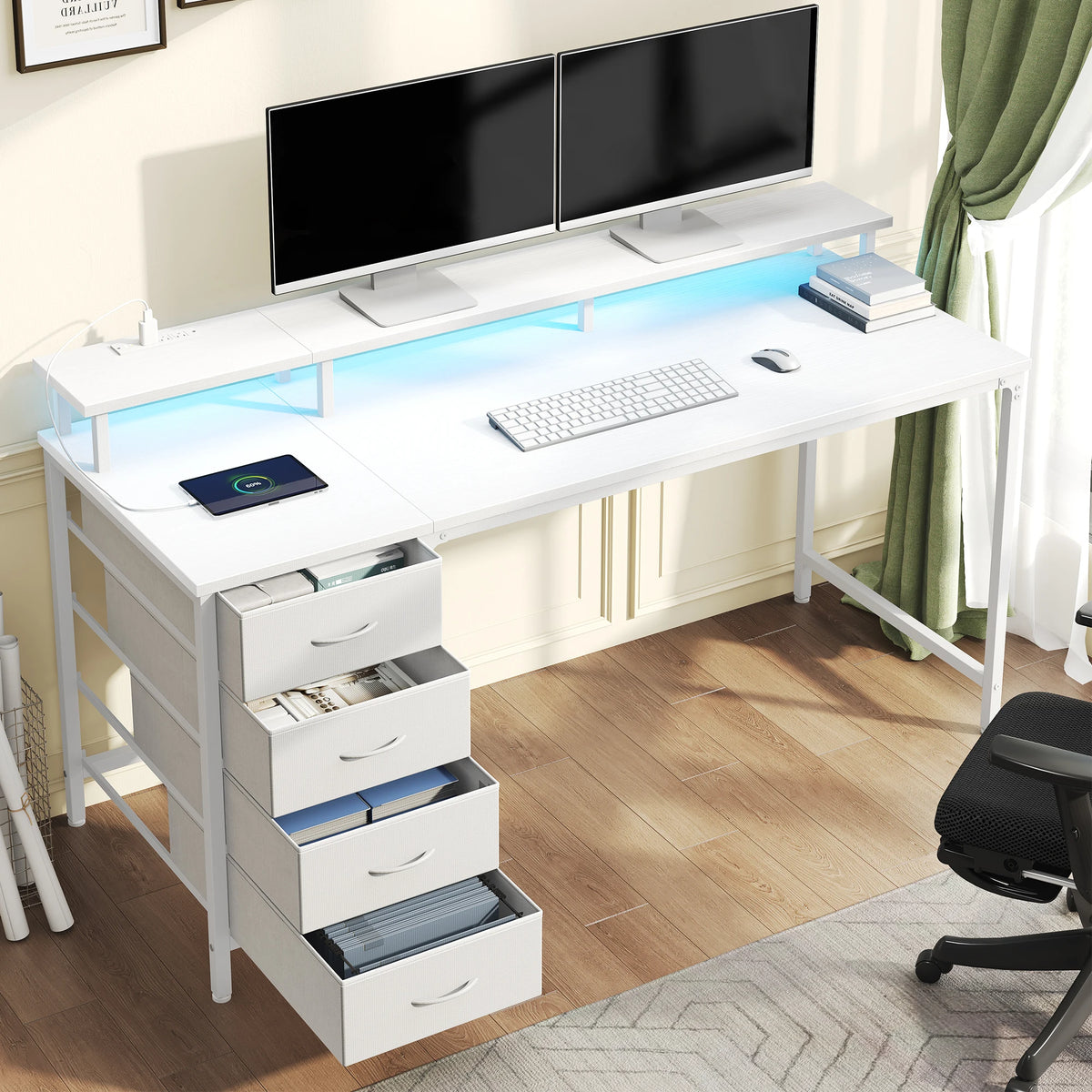 JHK Gaming Desk With Storage Drawers Power Outlets And LED Lights