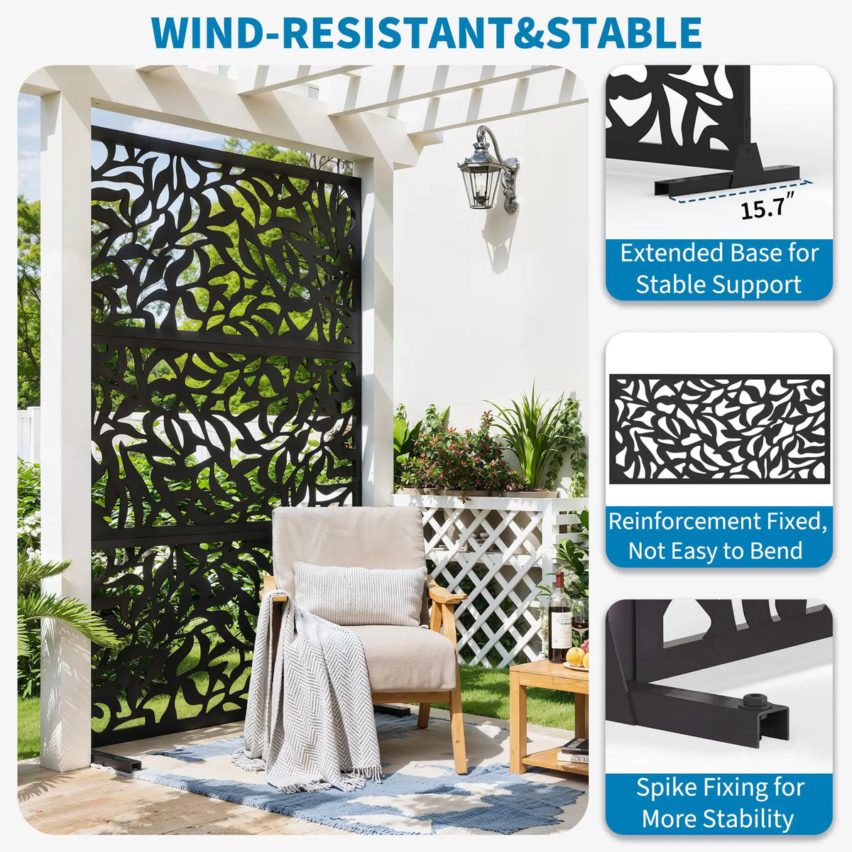 72"x47" Outdoor Metal Privacy Screen, Freestanding Laser Cut Decorative Fence Panel With Stand, Weatherproof Steel For Patio