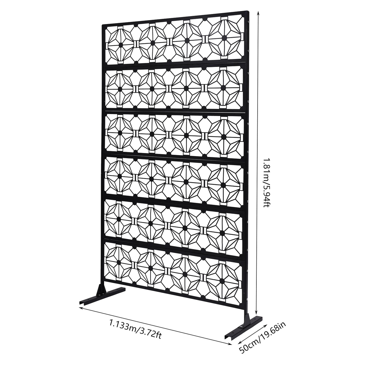 Outdoor Privacy Screen 113x181cm, Freestanding Metal Fence Panel with Flower Hollow Design, Decorative Room Divider for Patio Balcony Garden Deck, Black