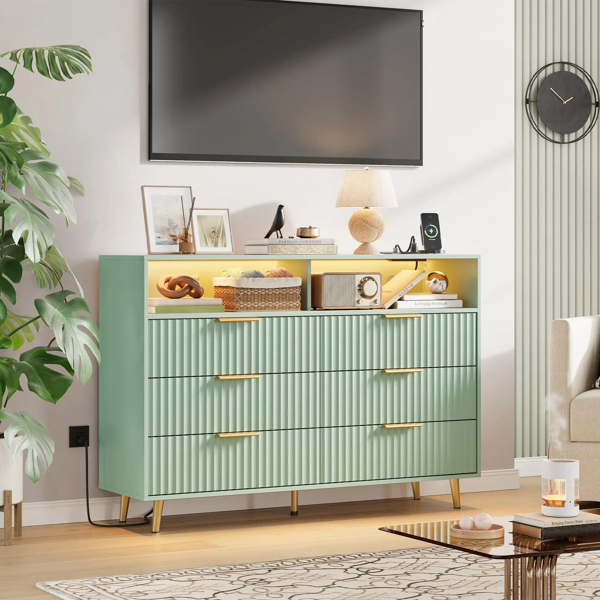 GAOMON Fluted Wood Dresser With LED Lights And USB Charging