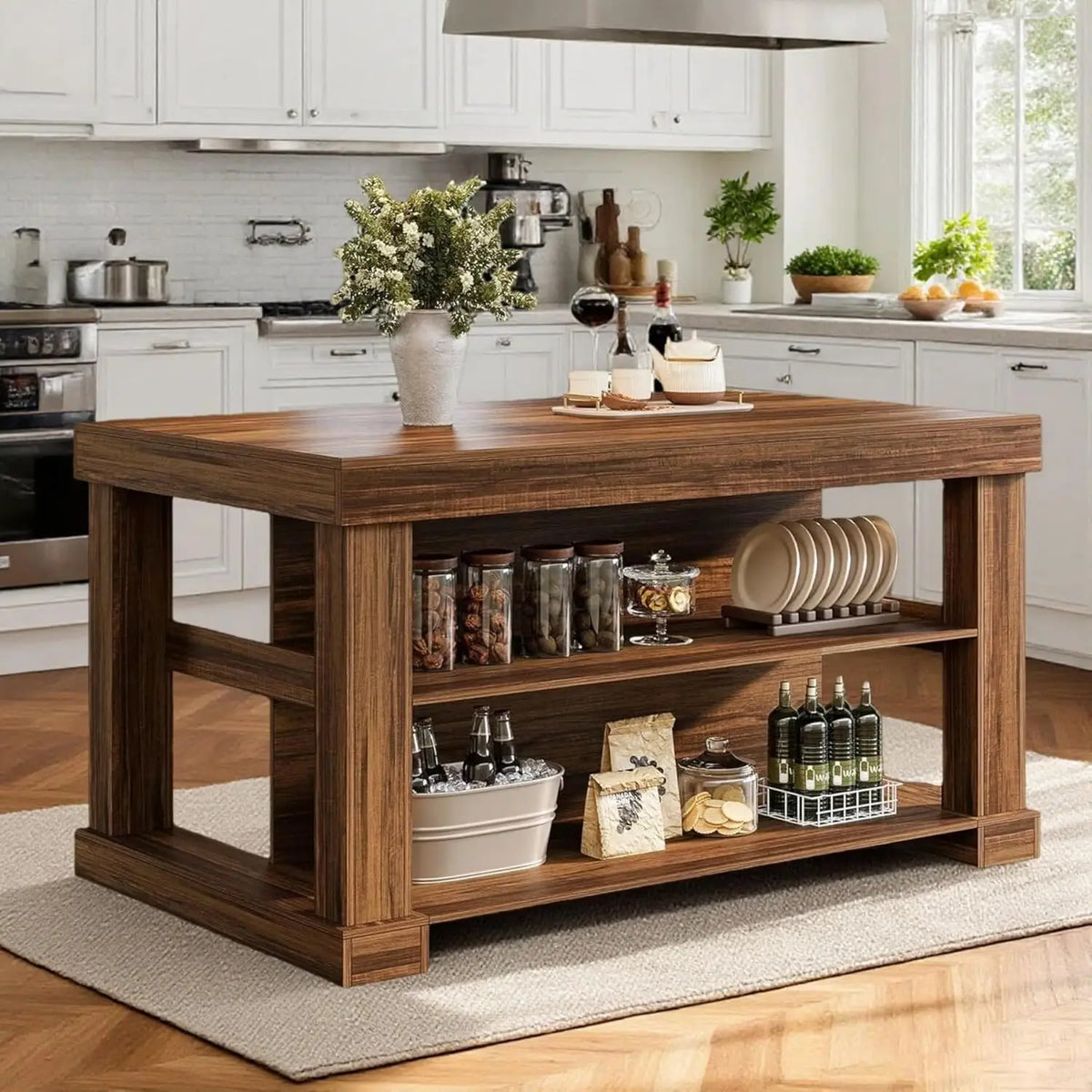 Kitchen Island Table With Large Countertop And 3 Tier Storage