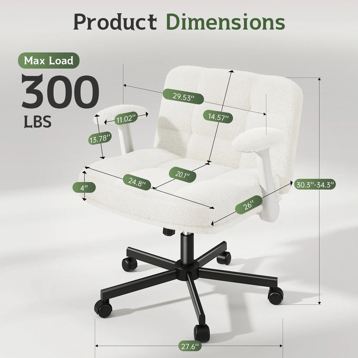 EnHomee Criss Cross Office  Chair with Wheels, Adjustable Height Vanity Chair,Teddy Plush Desk Chair with Flip-Up Arms for Bedroom & Home Office