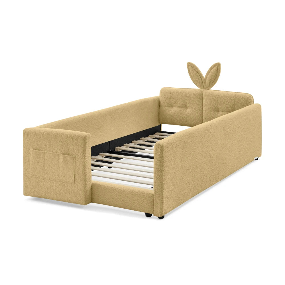Rabbit Ear Upholstered Platform Bed With Safety Rail And Pocket
