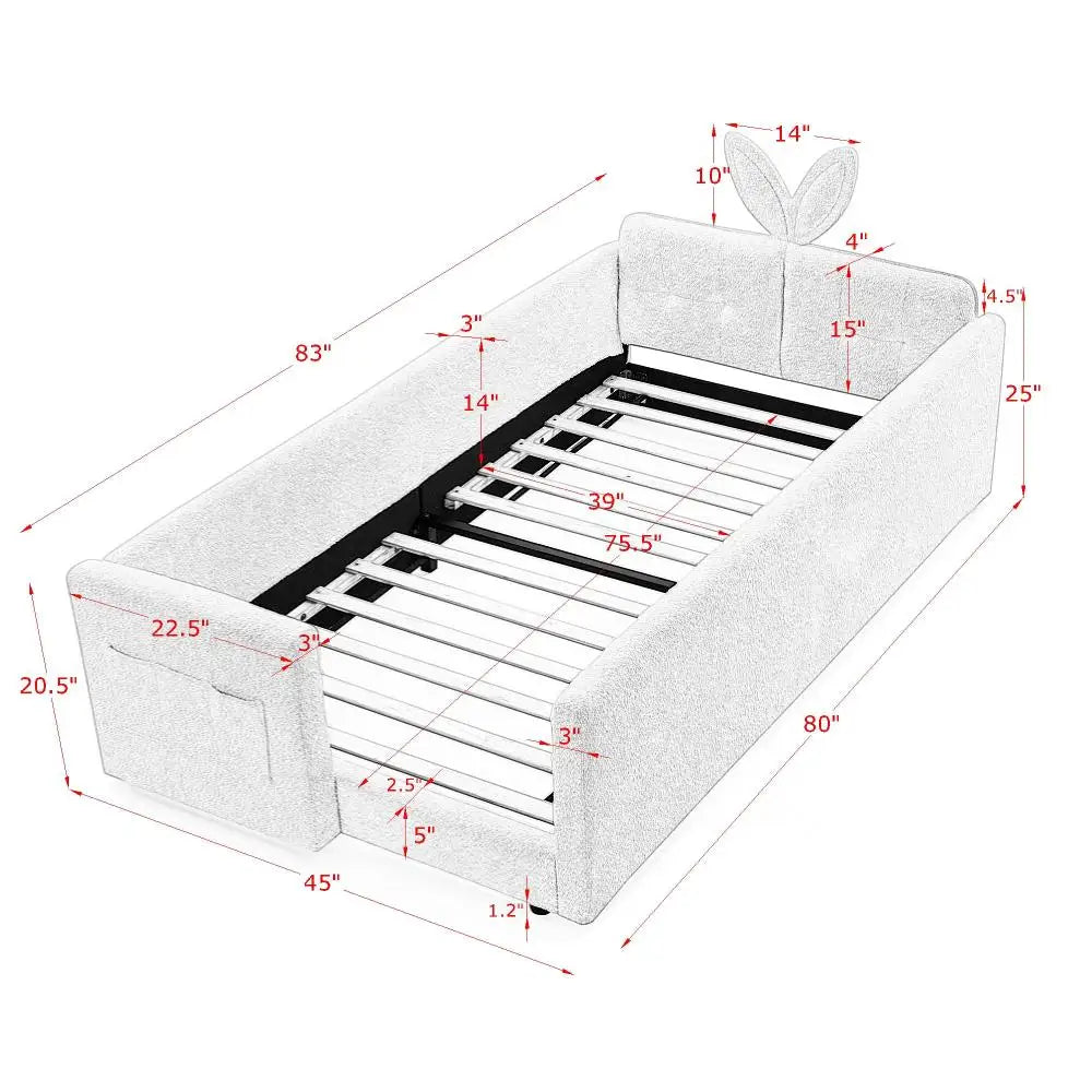 Rabbit Ear Upholstered Platform Bed With Safety Rail And Pocket