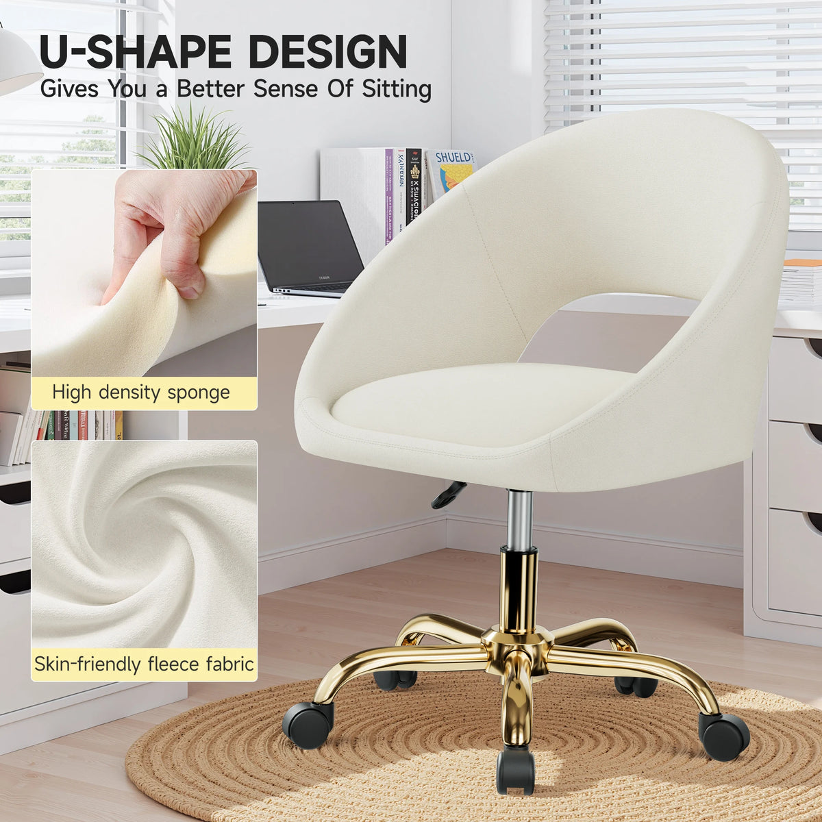 KERDOM Vanity Chair with Adjustable Swivel Wheels, Velvet Home Office Desk Chair with Hollow Back, Accent Armchair with Gold Base, Criss Cross Chair with Upholstered Back for Home Office, Living Room, Bedroom and Study, Beige