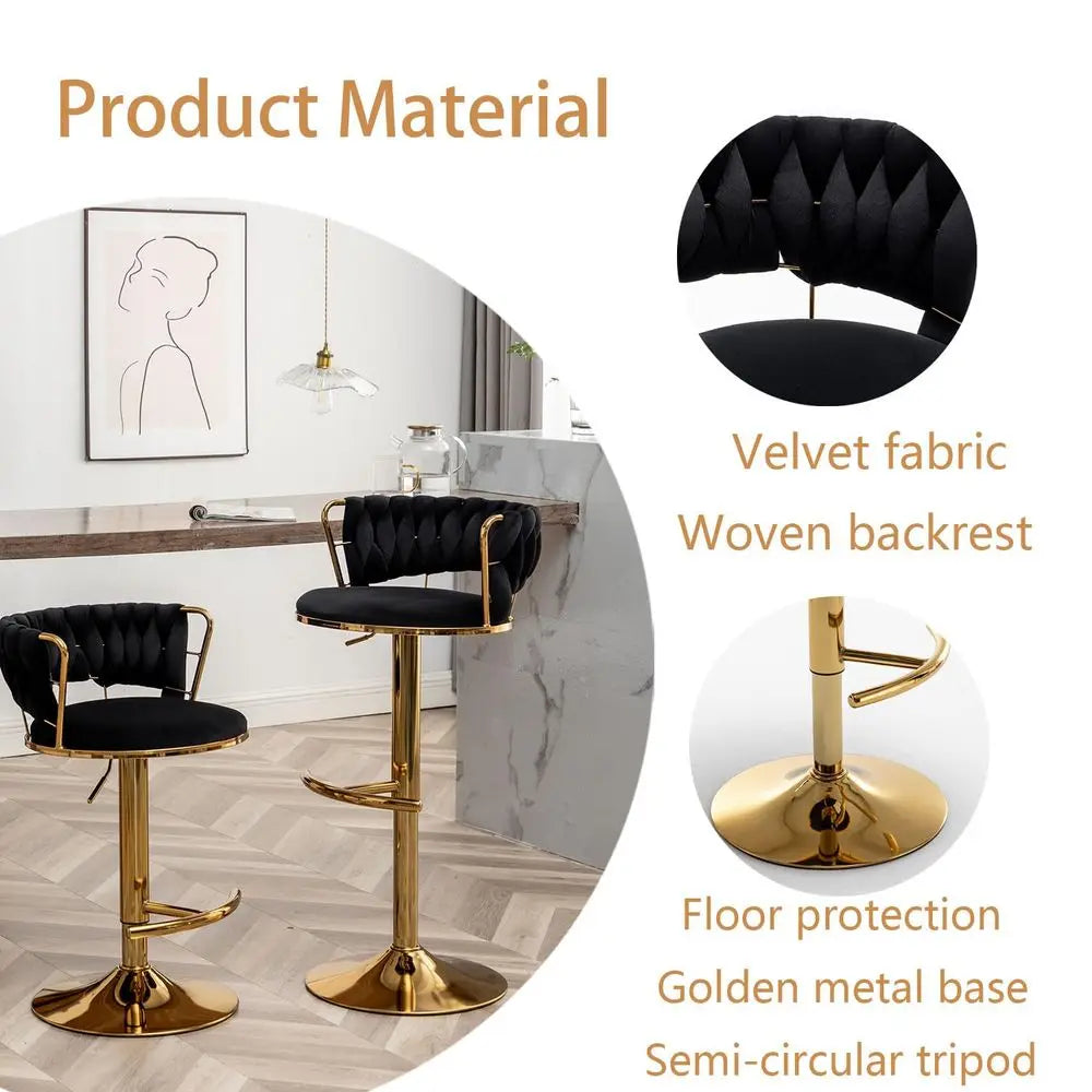 Velvet Bar Stools Set of 3, Counter Height Barstools with Low Back, Gold Swivel Bar Stool for Kitchen Island, Pub Black