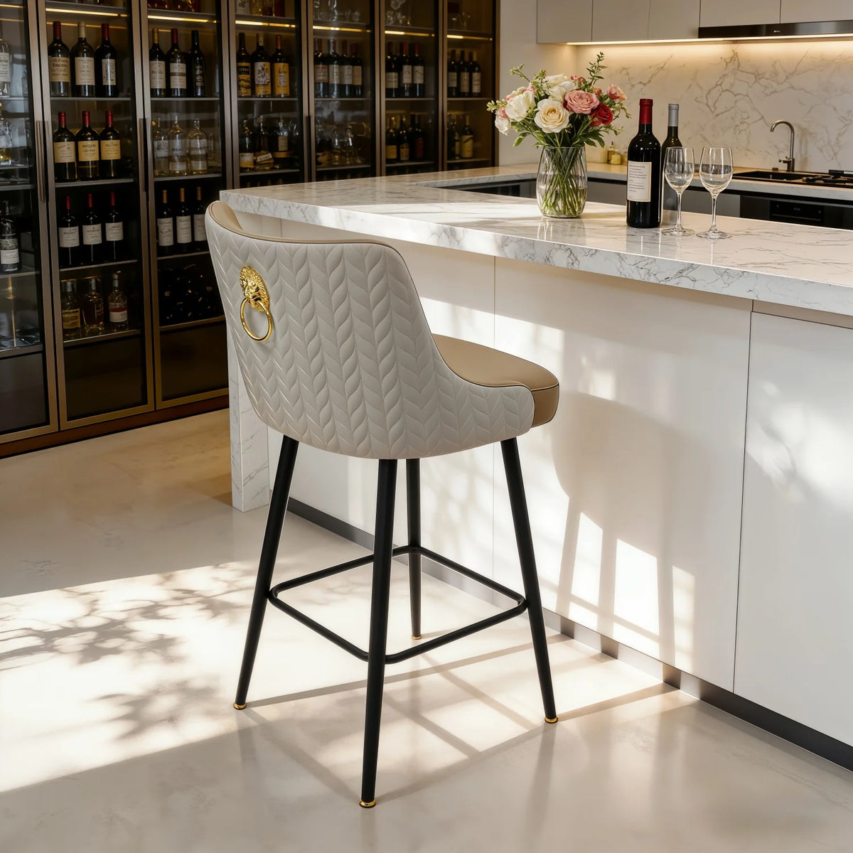 Swivel Bar Stool With Leather Upholstery High Back And Footrest