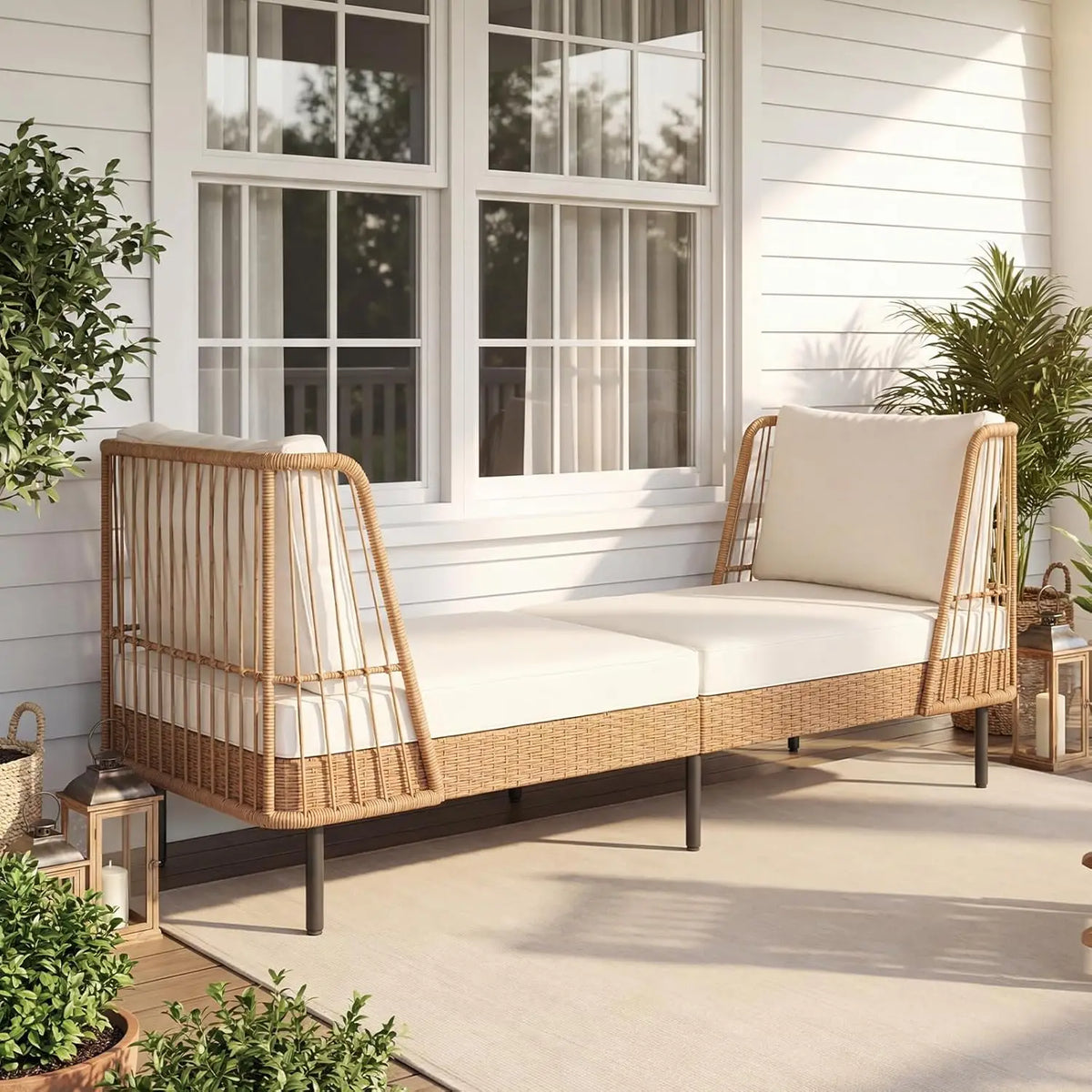 2 Seater Outdoor Rattan Daybed Sofa with Armrests Cushions Pillows Boho Loveseat for Porch Backyard Garden Poolside, Customized