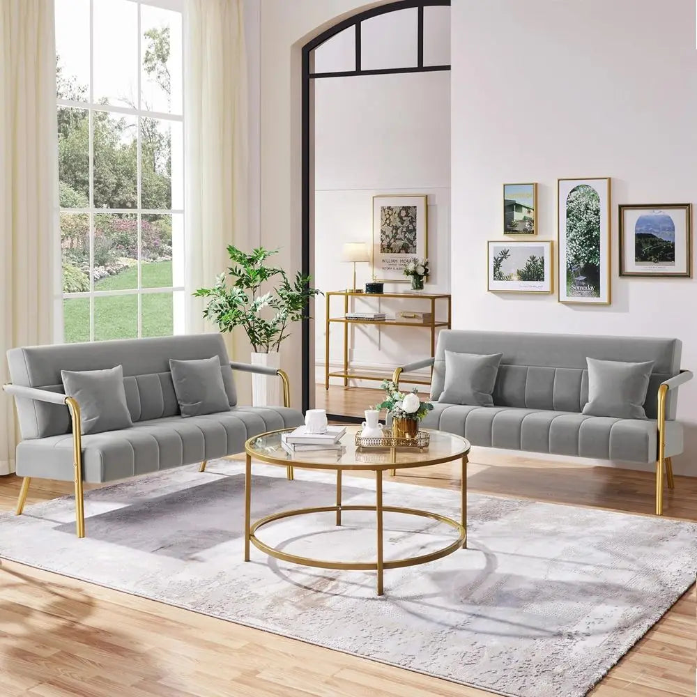 Velvet Loveseat Sofa With Gold Tone Metal Arms And Legs