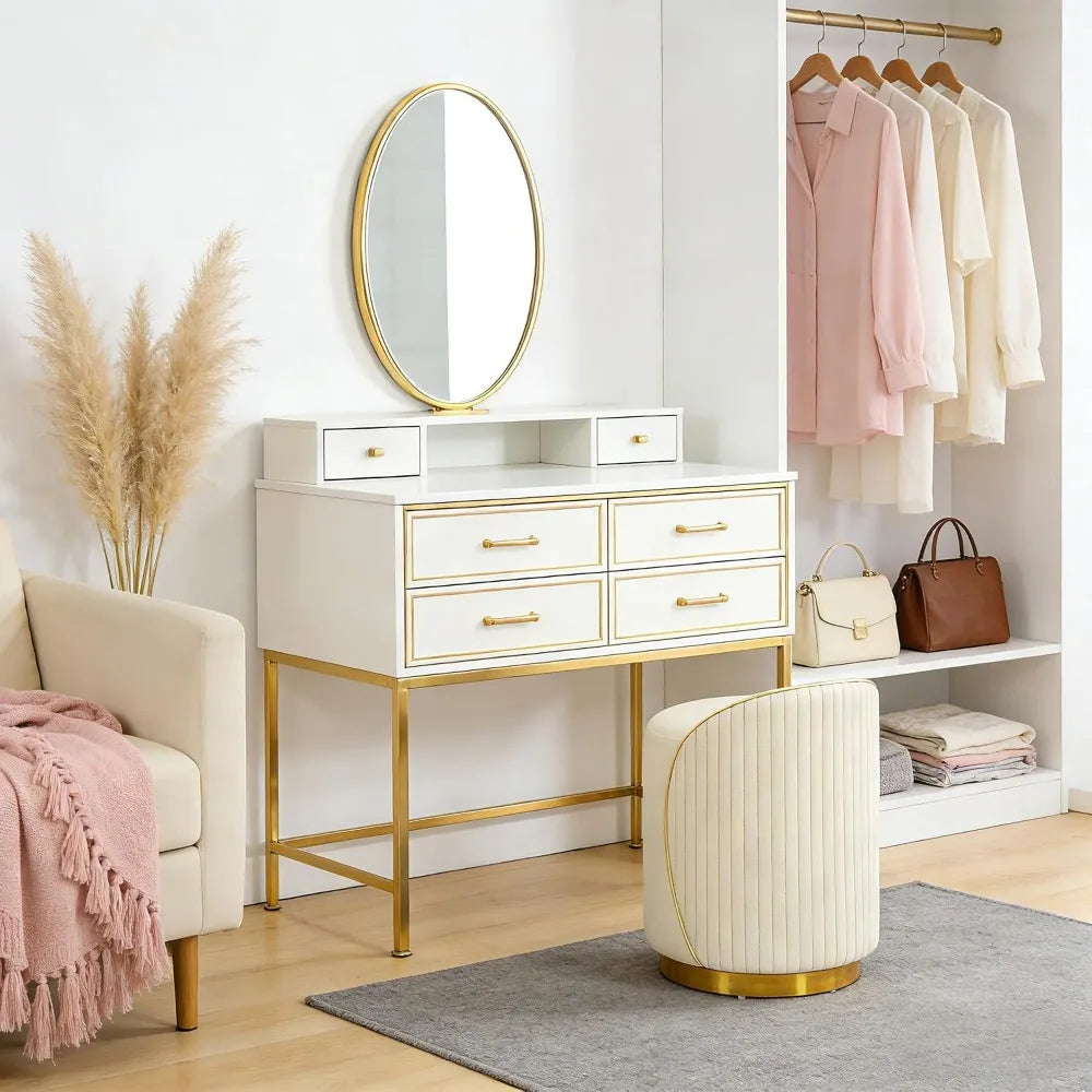 Upholstered Vanity Stool With Back 360 Swivel For Bedroom Makeup