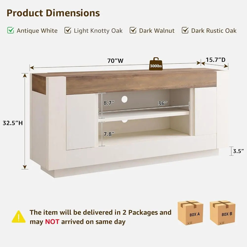 Modern Wood TV Stand With Open Storage And Side Cabinets