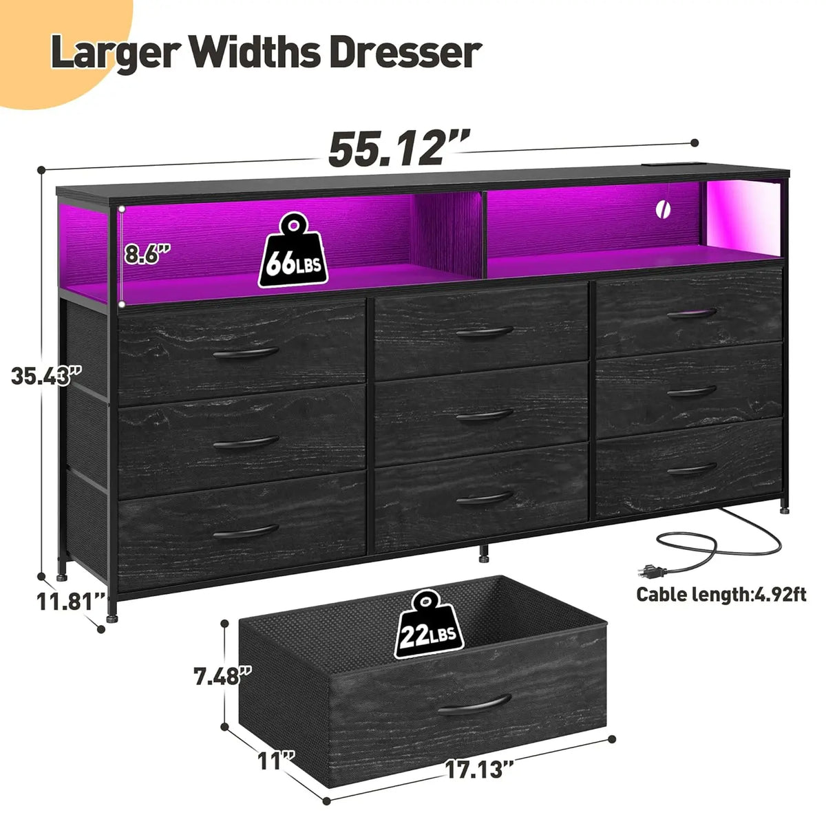 TV Stand Dresser With Charging Station And LED Nine Drawers