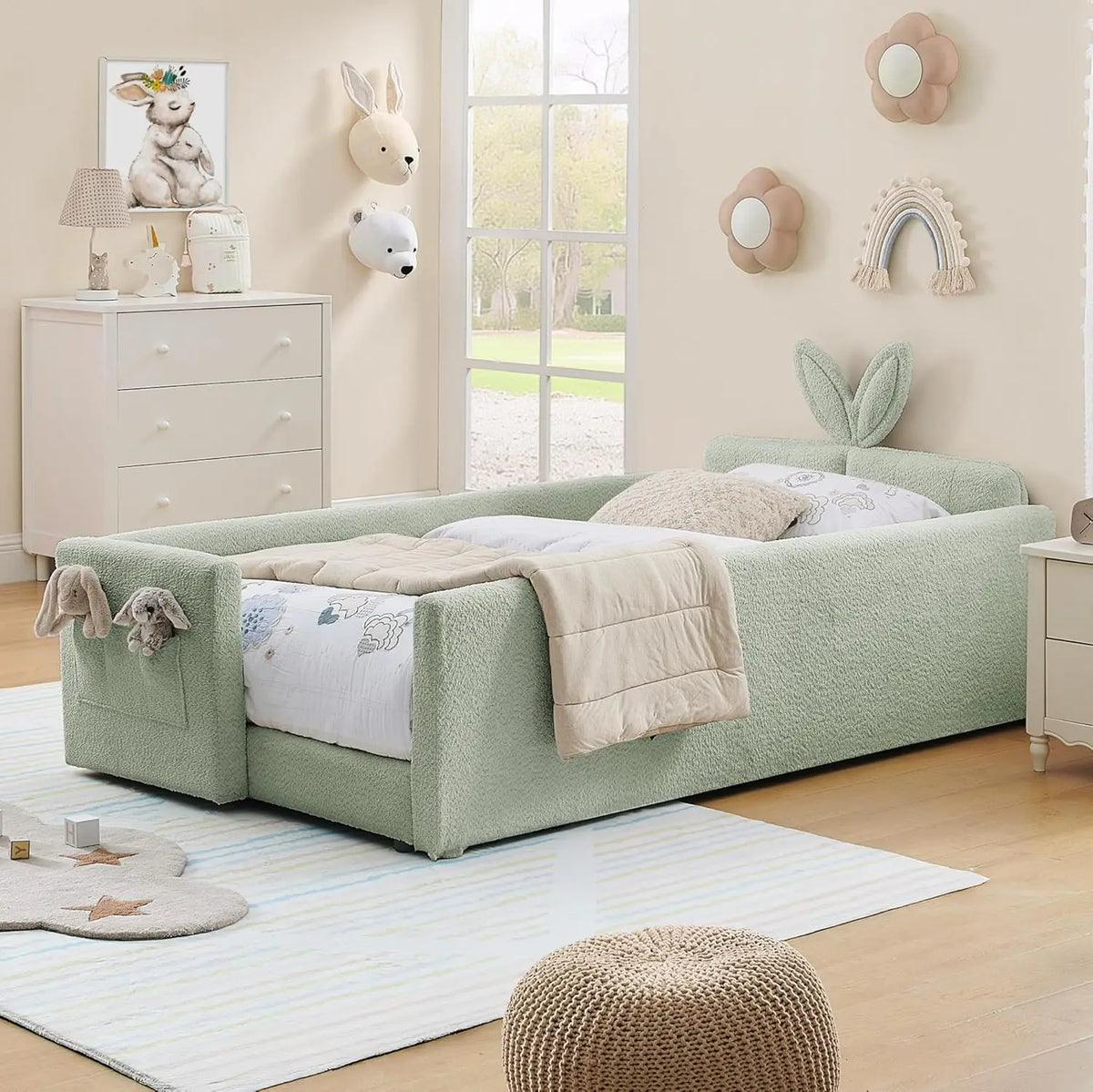 Twin Size Platform Bed,Boucle Upholstered Rabbit Ear Headboard with Pocket & Guardrail for Kids Room,Beige,Customized