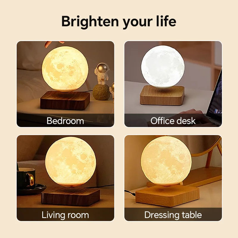 Magnetic Floating Rotating Moon Lamp with Wooden Base,3 Lighting Modes LED Night Lights of Print 3D for Unique Gifts, Room