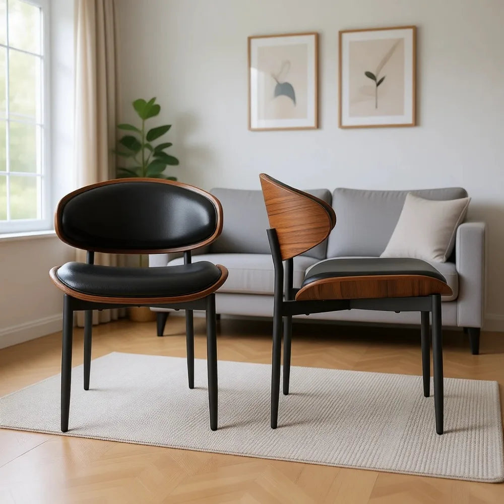 Mid-Century Upholstered Dining Chairs, Set of 4, Walnut Bentwood, Metal Legs, Adjustable Feet, Kitchen-Dining Room, Black