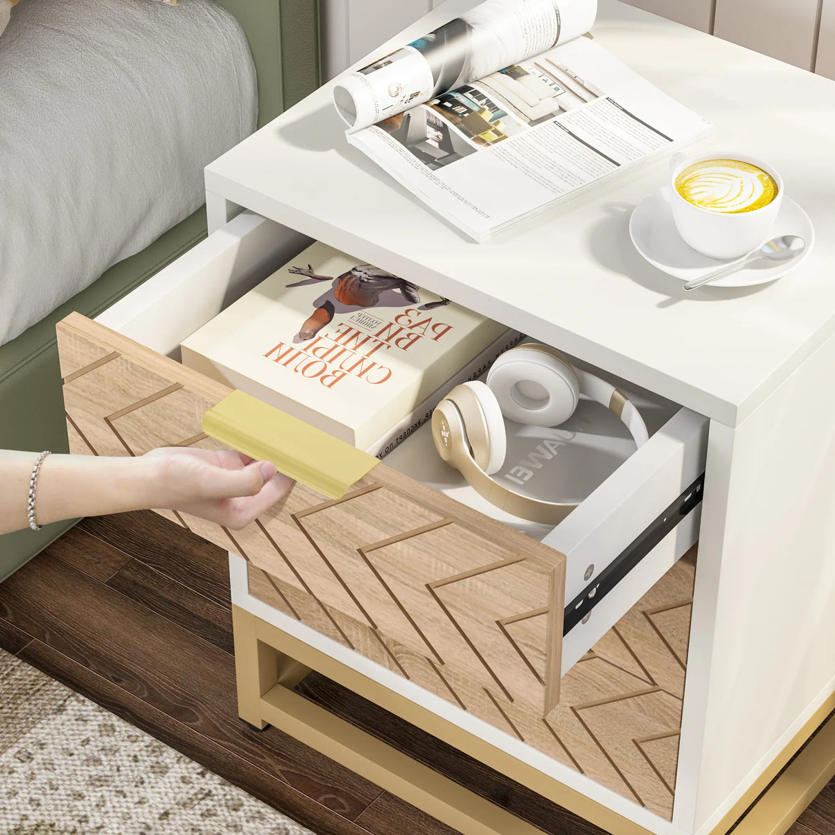 Tribesigns 3 Drawers Nightstand Set of 2, Modern Bedside Table with Unique Chevron Design, White End Side Table Night Stands