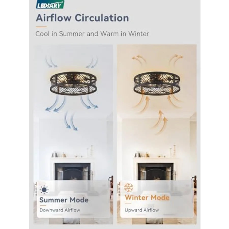 Caged Ceilg Fan with Light, Small Flush Mount Ceilg Fan with AppandRemote, Low Profile Bladeless Ceilg Fan for Bedroom, Kitchen