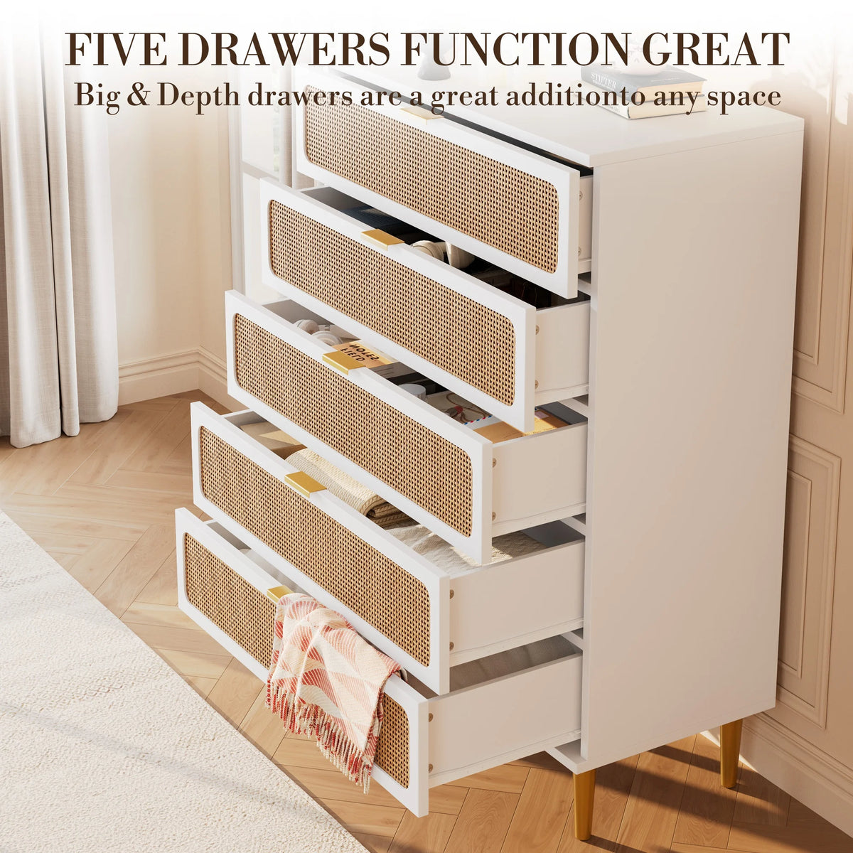 GAOMON Rattan Five Drawer Dresser With Wooden Frame Storage