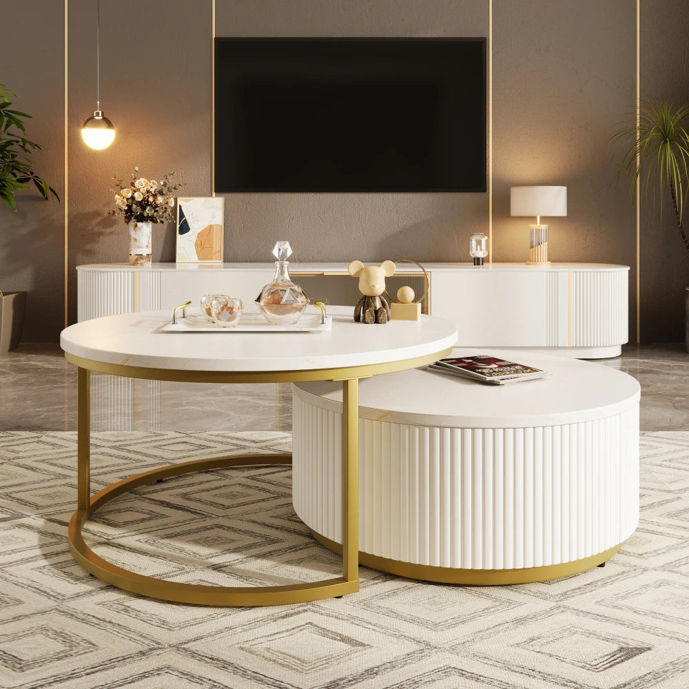 Modern Round Fluted Nesting Coffee Table With Storage Drawer