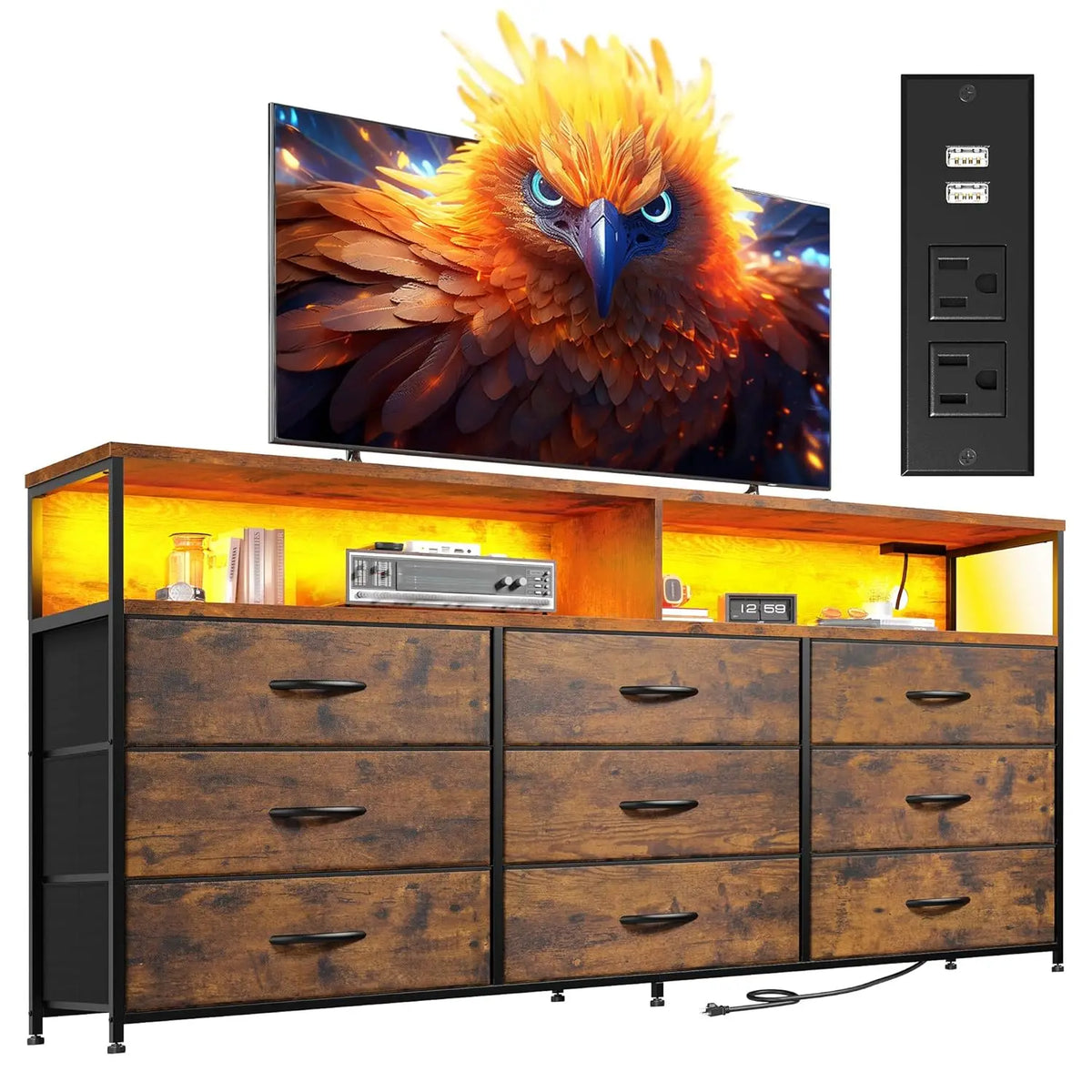 TV Stand Dresser With Charging Station And LED Nine Drawers