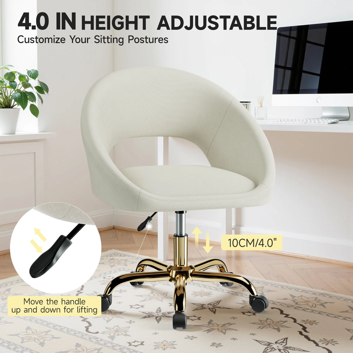 KERDOM Vanity Chair with Adjustable Swivel Wheels, Velvet Home Office Desk Chair with Hollow Back, Accent Armchair with Gold Base, Criss Cross Chair with Upholstered Back for Home Office, Living Room, Bedroom and Study, Beige