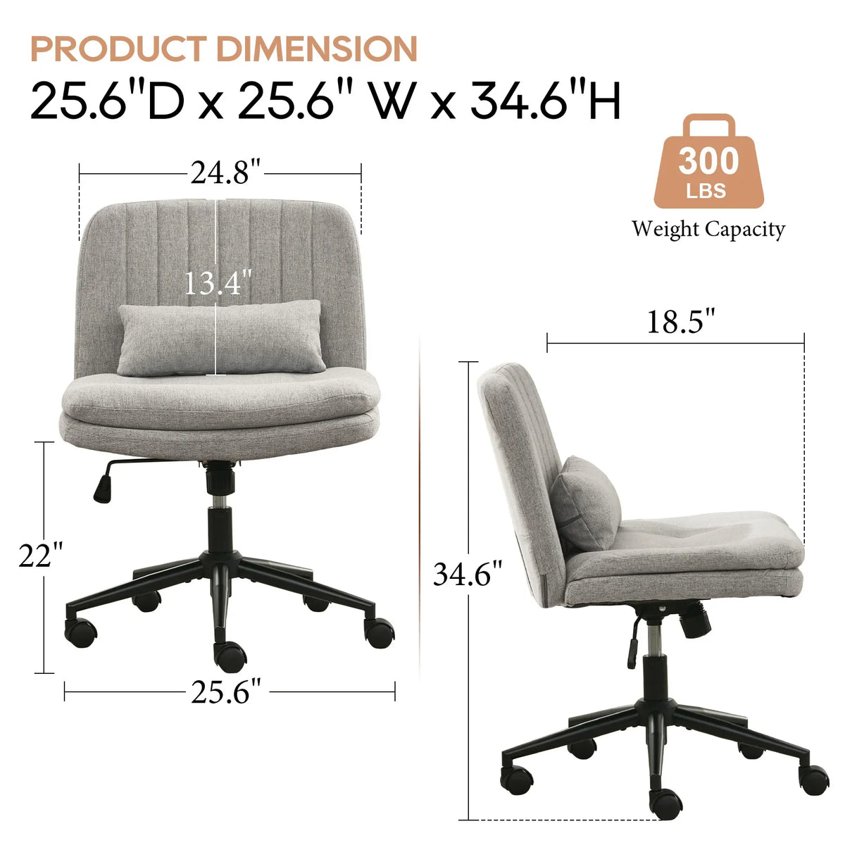 TCGBKAF Gray Criss Cross Chair Armless Desk Office with Wheels And Lumbar Pillow Adjustable Swivel Task Vanity Linen Chair
