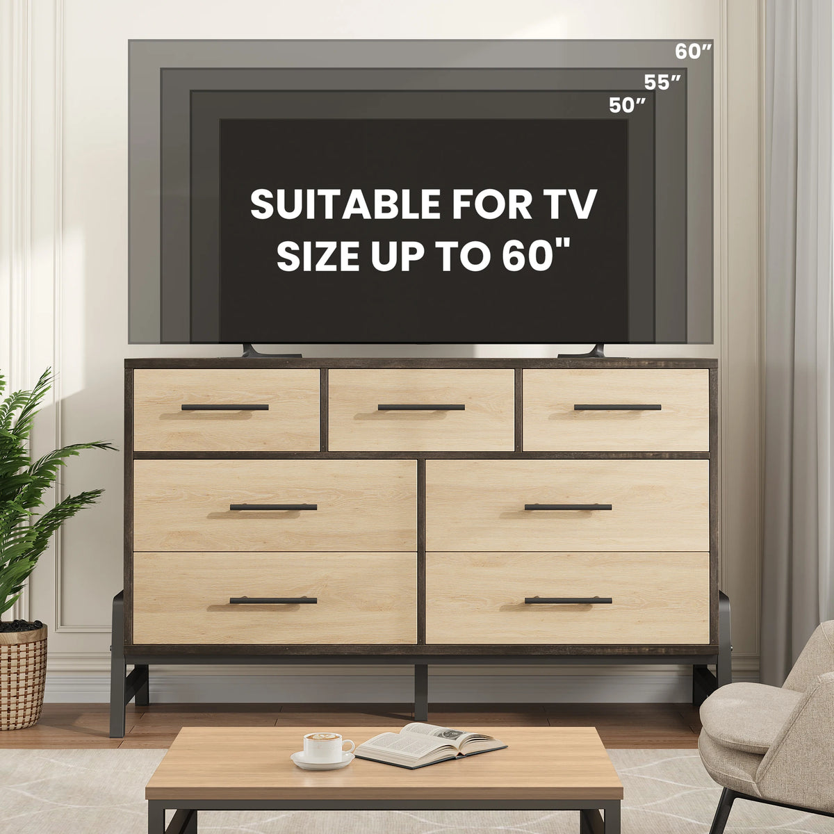 Freestanding Seven Drawer Dresser With Storage And Anti Tip Protection