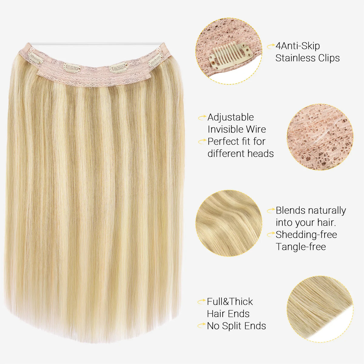 Sunmofavo Invisible Wire Halo Hair Extensions 100% Remy Human Hair Fish Line with 4 Anti-slip Secure Clips Golden Blonde Highlights Seamless Hairpiece for Women Daily Party Occasion Wear Instant Volume
