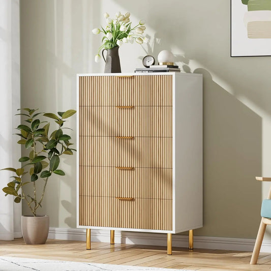 Fluted 5 Drawer Bedroom Dresser 48 Inch Metal Leg Wooden Cabinet | Groove Facade Anti Topple Safe Storage Smooth Drawer Slide Polished Hardware Elevated Base Household Dresser