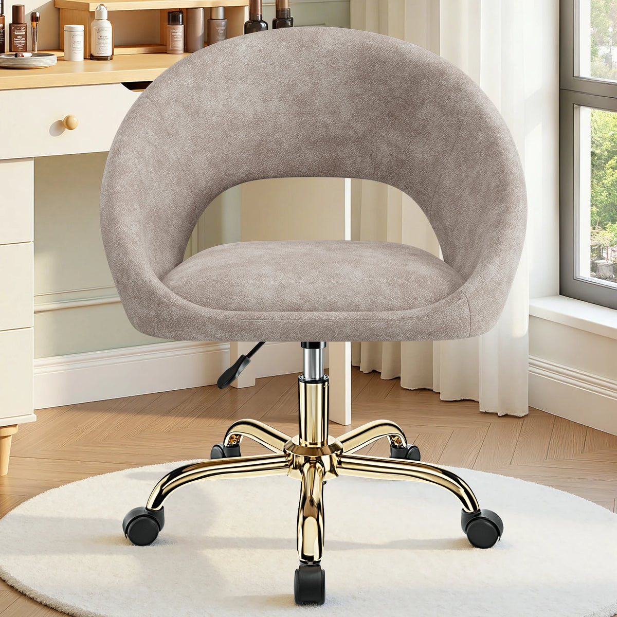 KERDOM Vanity Chair with Adjustable Swivel Wheels, Velvet Home Office Desk Chair with Hollow Back, Accent Armchair with Gold Base, Criss Cross Chair with Upholstered Back for Home Office, Living Room, Bedroom and Study, Beige
