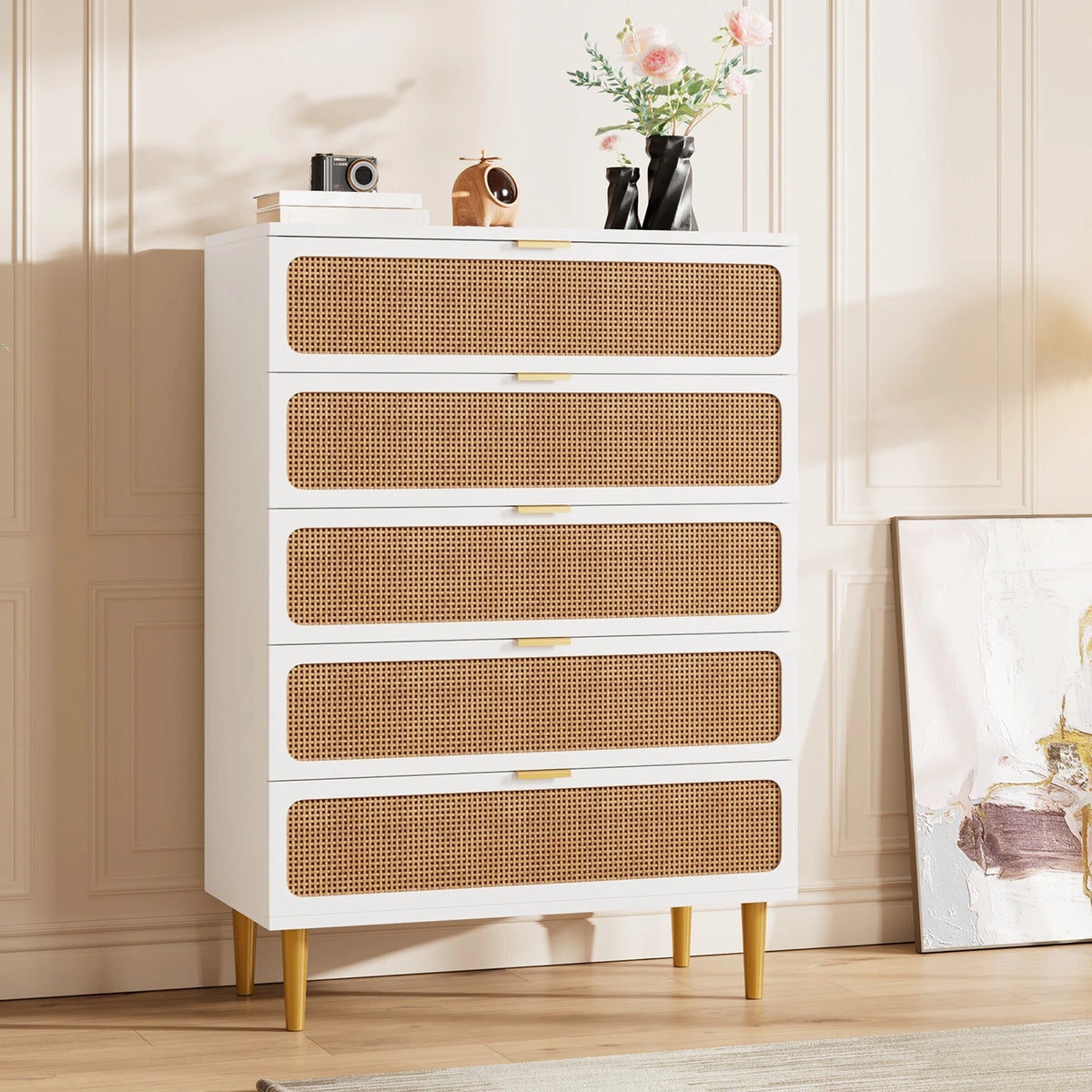 GAOMON Rattan Five Drawer Dresser With Wooden Frame Storage