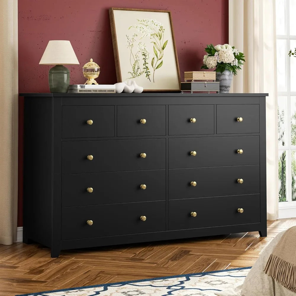 Modern Black 10-Drawer Dresser: Versatile Storage for Bedroom, Clothes, Office Supplies, and More